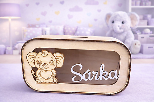 Úložné priestory & Organizácia - Pokladnička Sloník personalizovaná s menom a obrázkom (Prírodné drevo) - 18111162_