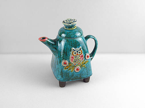 Nádoby - Ručne modelovaný keramický čajník sova – Tyrkysový, 600 ml - 18110642_