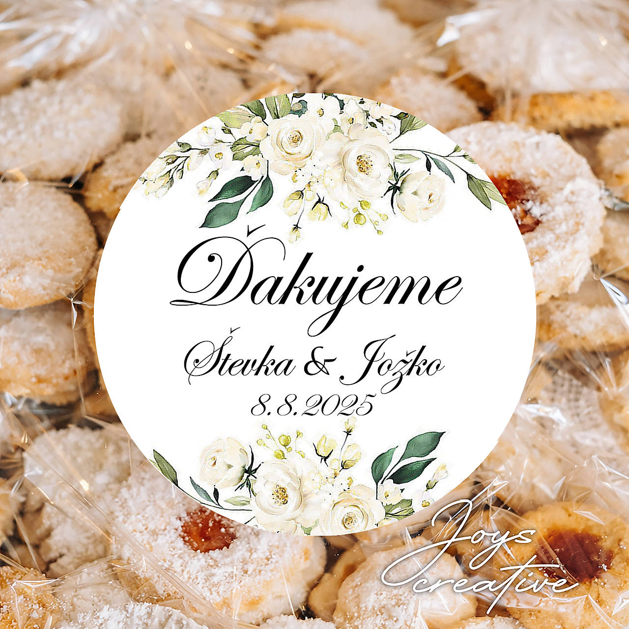 Okrúhle svadobné nálepky na výslužky s priemerom 40mm (biele kvety)