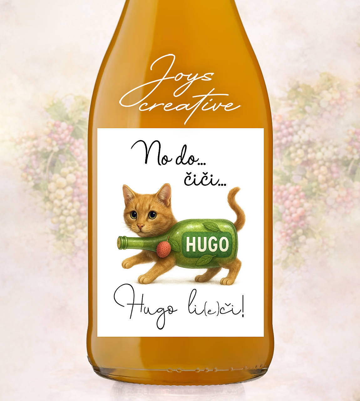 Vtipná samolepiaca etiketa na Hugo liči