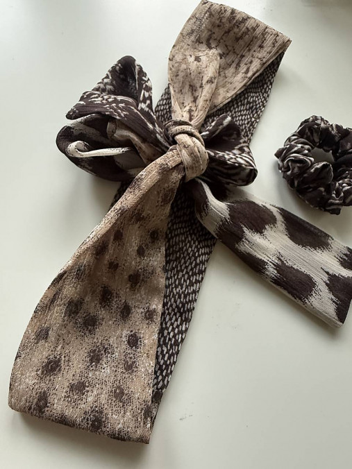 Šatky - ZĽAVA-Set-Šatka do vlasov, na krk, kabelku+gumička/Upcyklácia-Zvierací motív - 18116138_