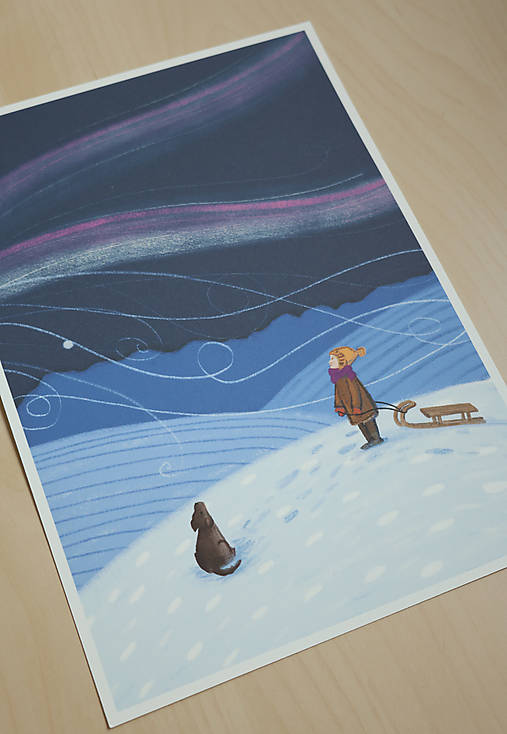 Print - Dievča so psom v zasneženej krajine