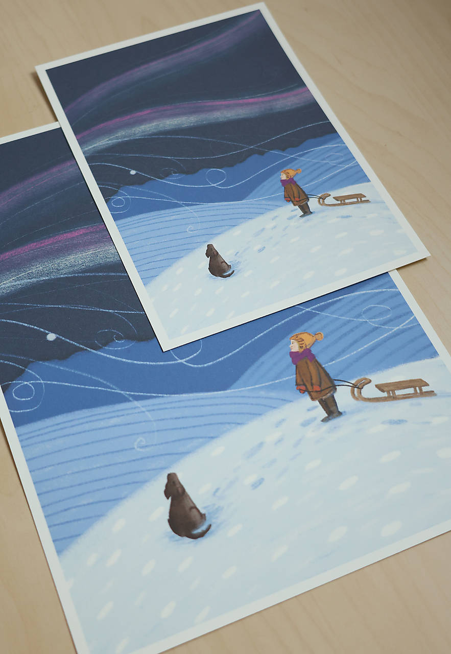 Print - Dievča so psom v zasneženej krajine