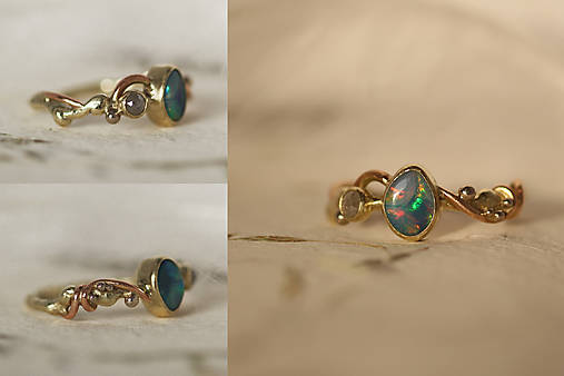 Zlatý prsteň s austrálskym opálom a diamantom - Zázrak "Aurora"