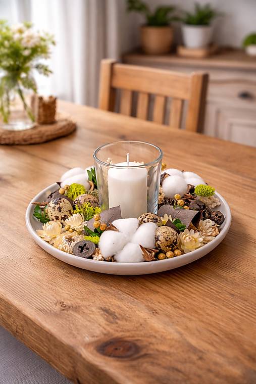 Svietnik zo sušených kvetov na stôl  (Béžová)