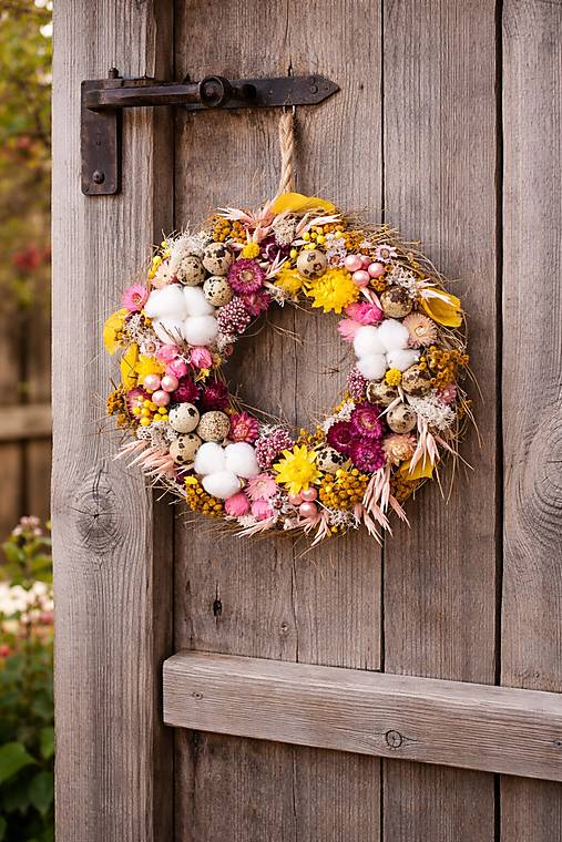 Ručne vyrábaný jarný veniec s prepeličími vajíčkami z prírodných materiálov