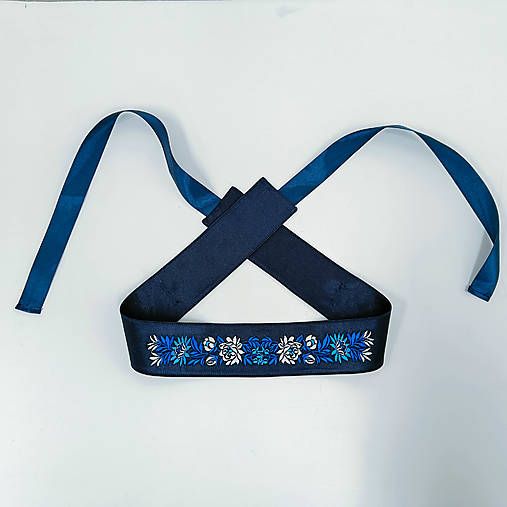 Opasky - Vyšívaný opasok saténový s motívom Kristián modrý - 18118394_