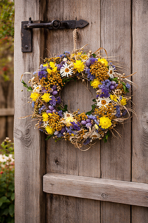 Jarný veniec na dvere zo sušených kvetov v modrej a žltej farbe