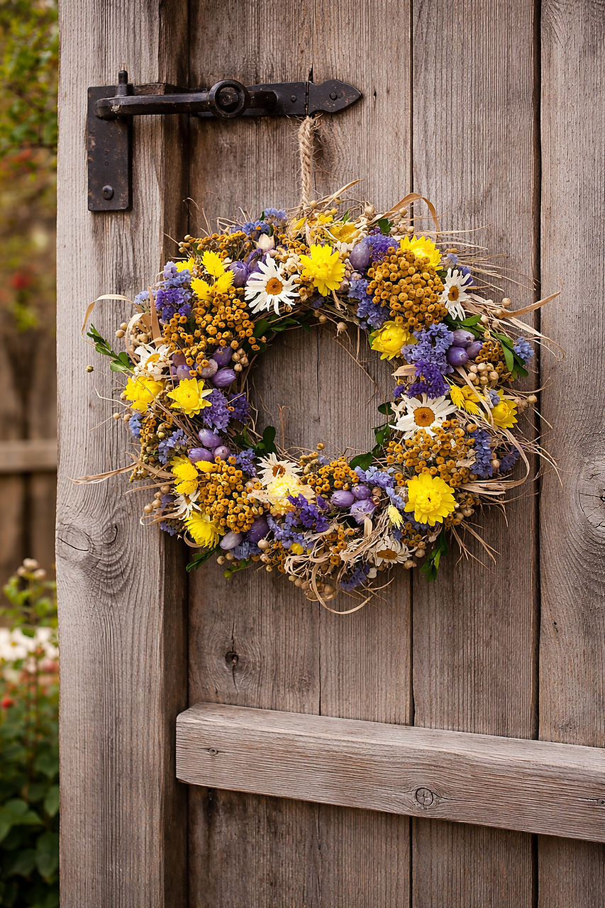 Jarný veniec na dvere zo sušených kvetov v modrej a žltej farbe
