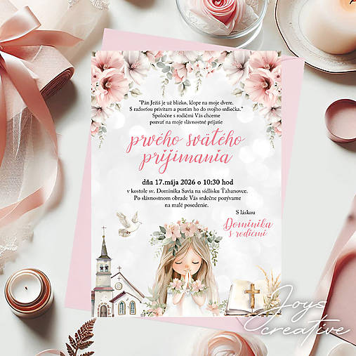 Pozvánka na 1. sväté prijímanie s dievčatkom B07 (verzia s kostolom text pán Ježiš (min 8 ks))