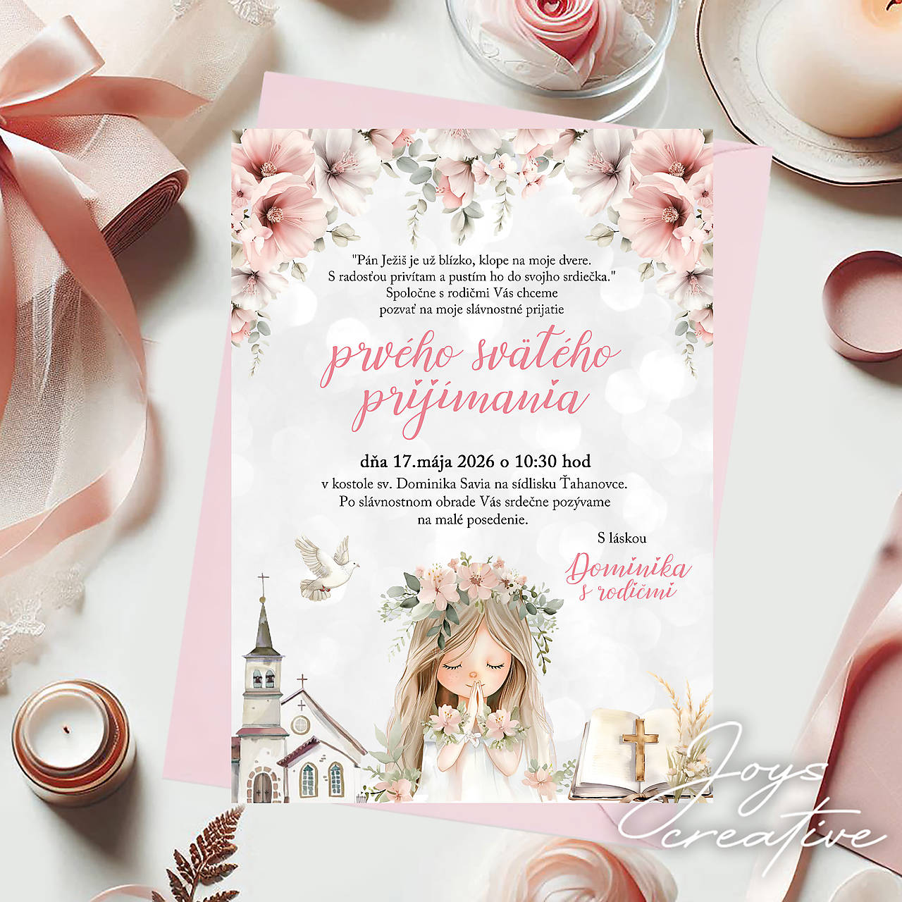 Pozvánka na 1. sväté prijímanie s dievčatkom B07 (verzia s kostolom text pán Ježiš (min 8 ks))