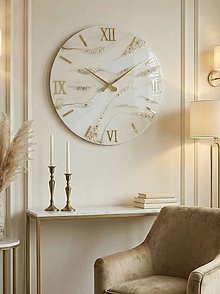 Hodiny - Luxusné nástenné hodiny „Classic Ivory & Gold“ s pravými kameňmi – 60 cm - 18123310_