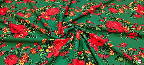 Textil - Krojova látka - Kvety  cena za 10 cm (Kvety červené na zelenom) - 18123714_