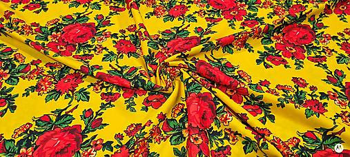 Textil - Krojova látka - Kvety  cena za 10 cm (Kvety červené na žltom) - 18123717_