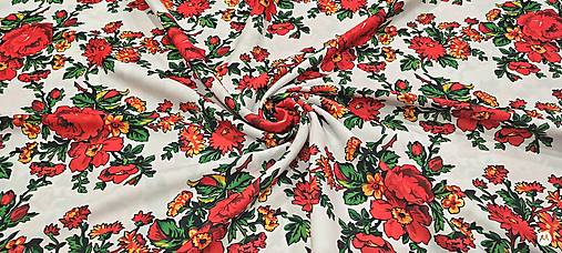 Textil - Krojova látka - Kvety  cena za 10 cm (Kvety červené na bielom) - 18123726_
