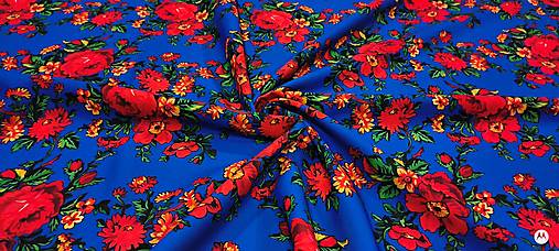 Textil - Krojova látka - Kvety  cena za 10 cm (Kvety červené na kráľovsko modrom) - 18123729_
