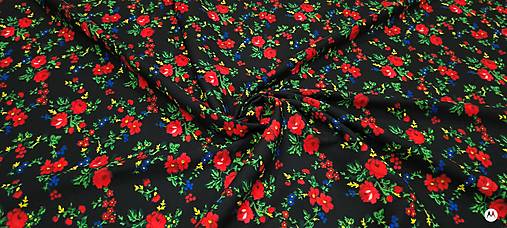 Textil - Krojova látka - Kvety  cena za 10 cm (Kvietky červené malé na čiernom) - 18123755_