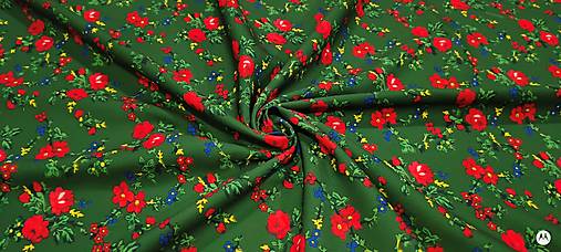Textil - Krojova látka - Kvety  cena za 10 cm (Kvietky červené malé na zelenom) - 18123760_
