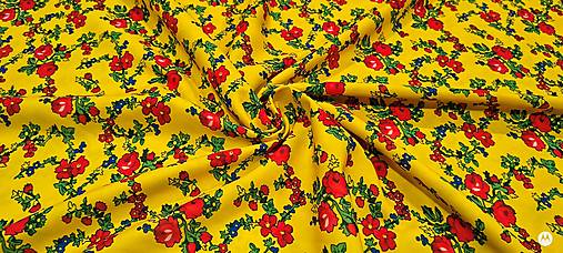 Textil - Krojova látka - Kvety  cena za 10 cm (Kvietky červené malé na žltom) - 18123766_