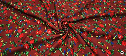 Textil - Krojova látka - Kvety  cena za 10 cm (Kvietky červené malé na vínovom) - 18123769_