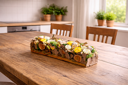 Hrantík plný jarných kvetov - jarný aranžmán na stôl pozdĺžny