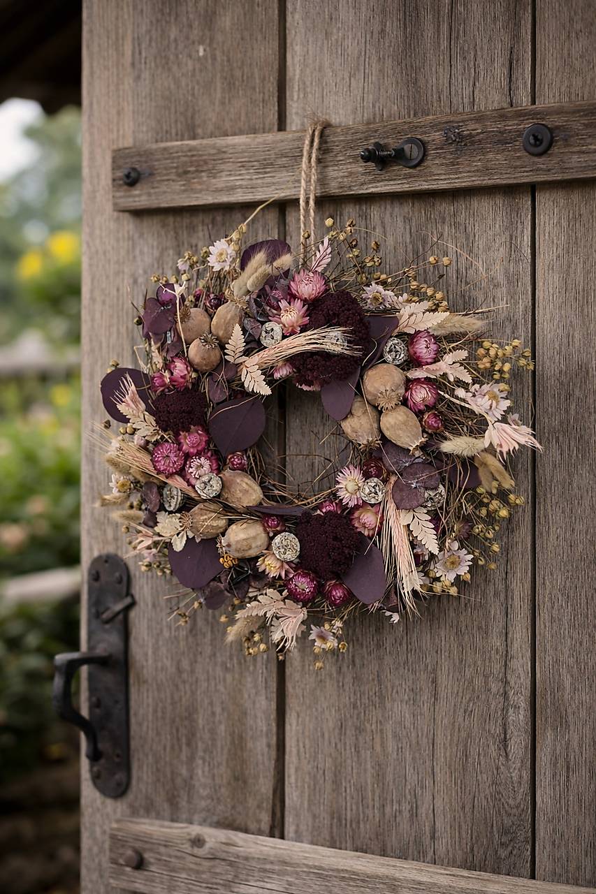 Veniec na dvere zo sušených slamienok a makovíc v bordovej farbe