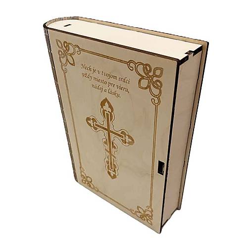 Papiernictvo - Drevená krabička na Bibliu s krížom – vlastný text, gravírovanie - 18123707_