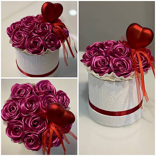 Kvetinový box zo saténových stúh "M" tmavo ružová saténové ružičky, kvety dekorácia darček