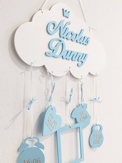 Dvoj meno na obláčiku s údajmi o narodení 35cm - Krásny darček