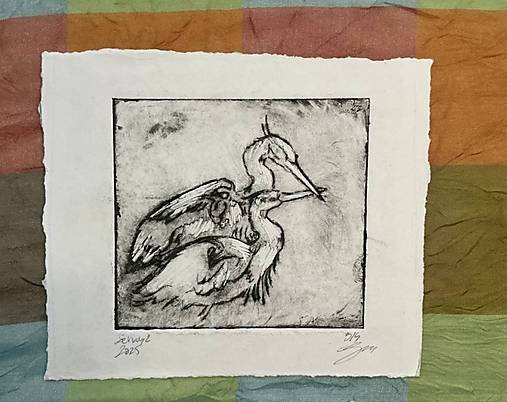 Grafika - Suchá Ihla - originál - "Dva žeriavy" (14x16,5 - Čierna) - 18126893_