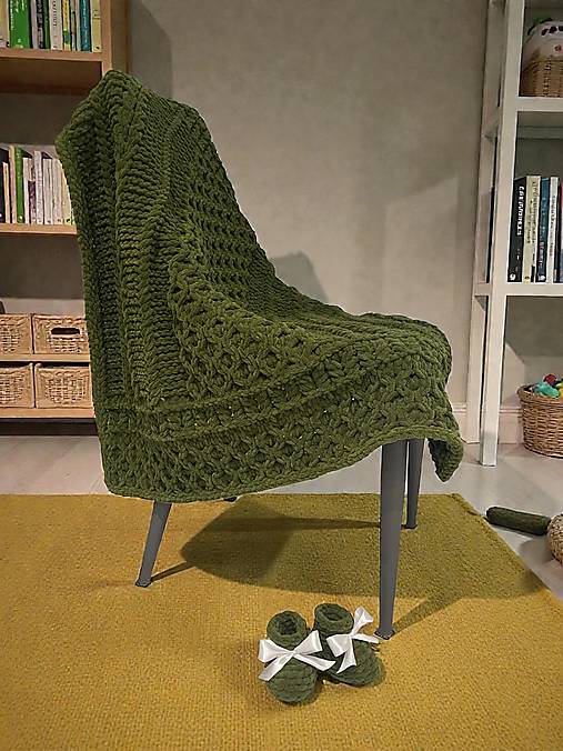 Detský textil - Set deka z Alize Puffy Fine 90x90cm + papučky olivová - 18129434_