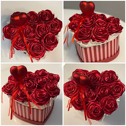 Kvetinový srdiečkový box zo saténových stúh "L" červené otvorené saténové ružičky, kvety dekorácia darček