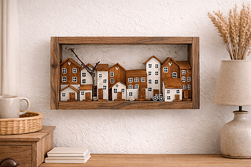 Obrazy - Alpské mestečko – drevený obraz s domčekmi a bicyklom - 18130498_