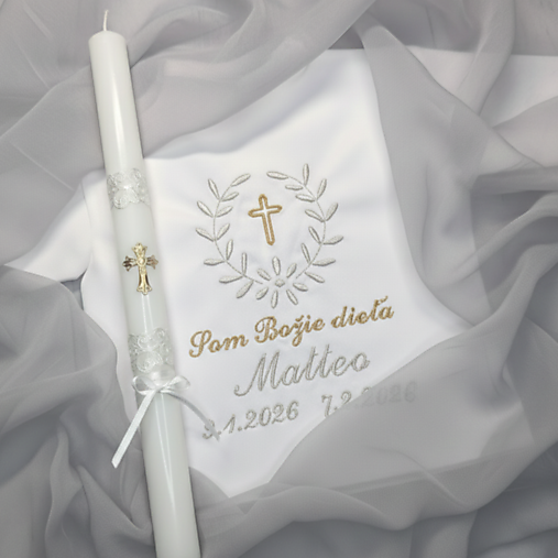 Detské oblečenie - Košieľka na krst k10 zlatá strieborná + Sviečka na krst zlatý krížik s chránitkom - 18132603_