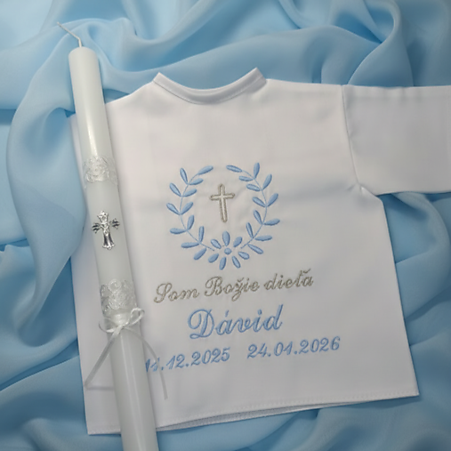 Detské oblečenie - Košieľka na krst k10 modrá strieborná + Sviečka na krst strieborný krížik s chránitkom - 18132960_