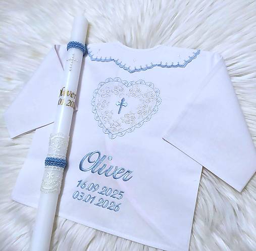 Detské oblečenie - košieľka na krst vyšívaná-biela,modrá + sviečka person. (Iný nápis-uviesť v poznámke) - 18134586_