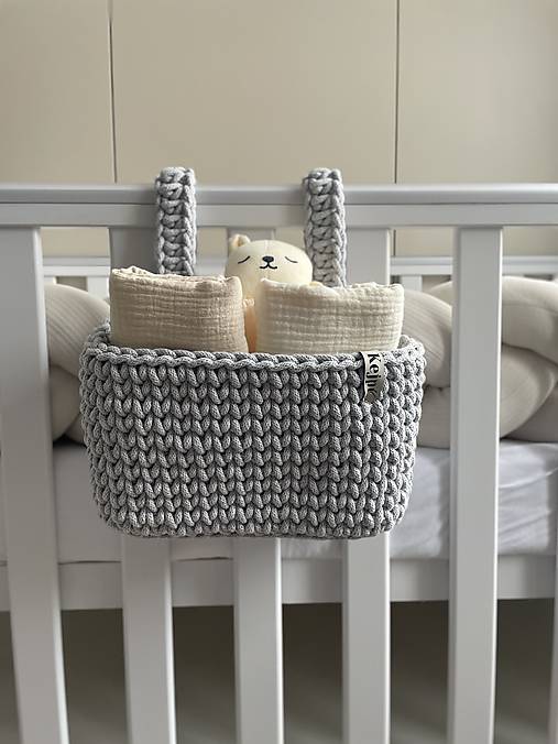 Detský textil - Závesný háčkovaný košík LIGHT GREY - 18135195_