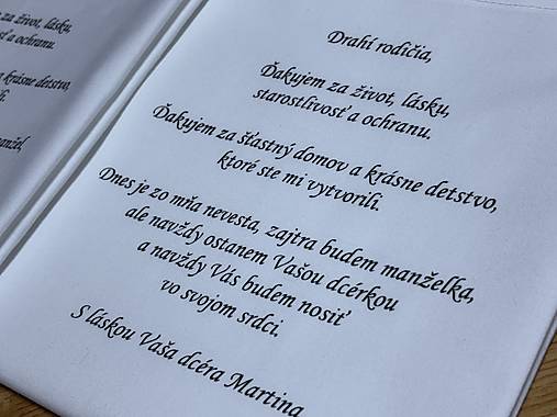 Poďakovanie rodičom na plátenom servítku / vreckovke