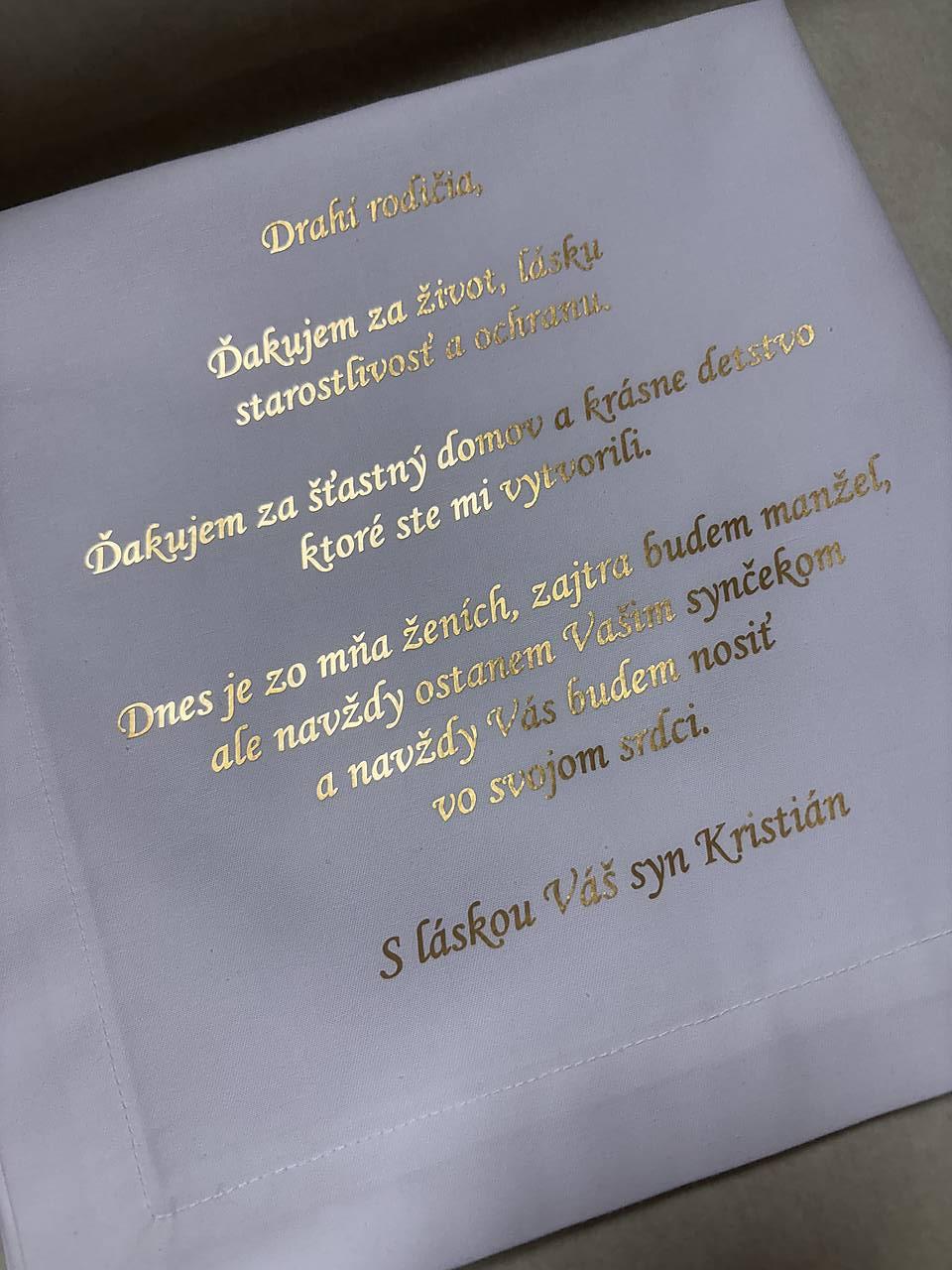 Poďakovanie rodičom na plátenom servítku / vreckovke