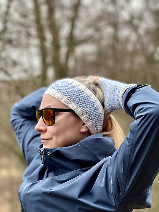 Čiapky, čelenky, klobúky - Modra čelenka s rukavicami - 18138154_