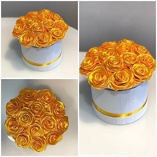 Kvetinový box zo saténových stúh "L" žlté saténové pootvorené ružičky kvety, dekorácia darček