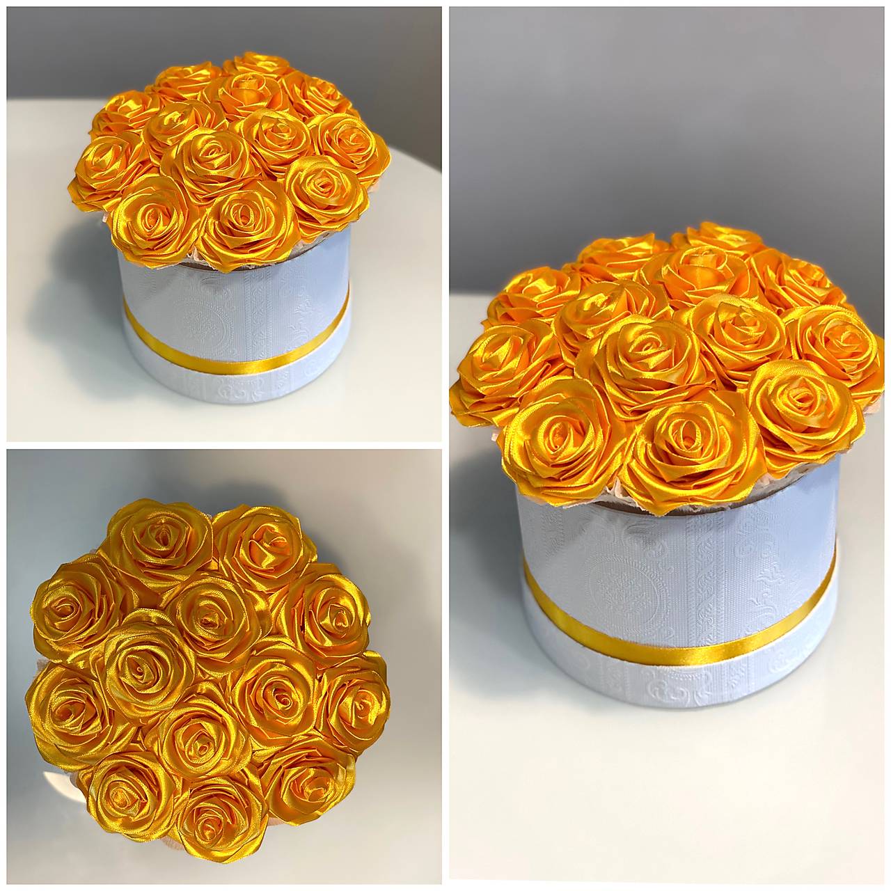 Kvetinový box zo saténových stúh "L" žlté saténové pootvorené ružičky kvety, dekorácia darček