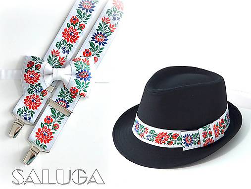 Pánske doplnky - Set - pánsky klobúk, folklórny motýlik a traky - biely - 18140791_
