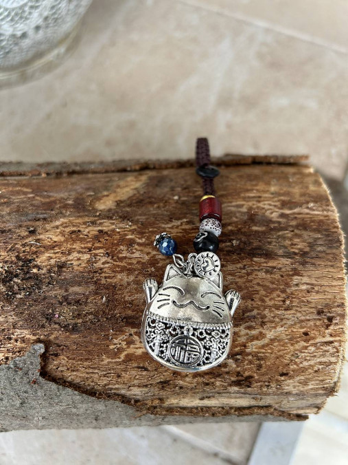 Kľúčenky - kľúčenka ,prívesok pre hojnosť, šťastie a ochranu (Strieborná mačka,srdce a Achát) - 18141949_