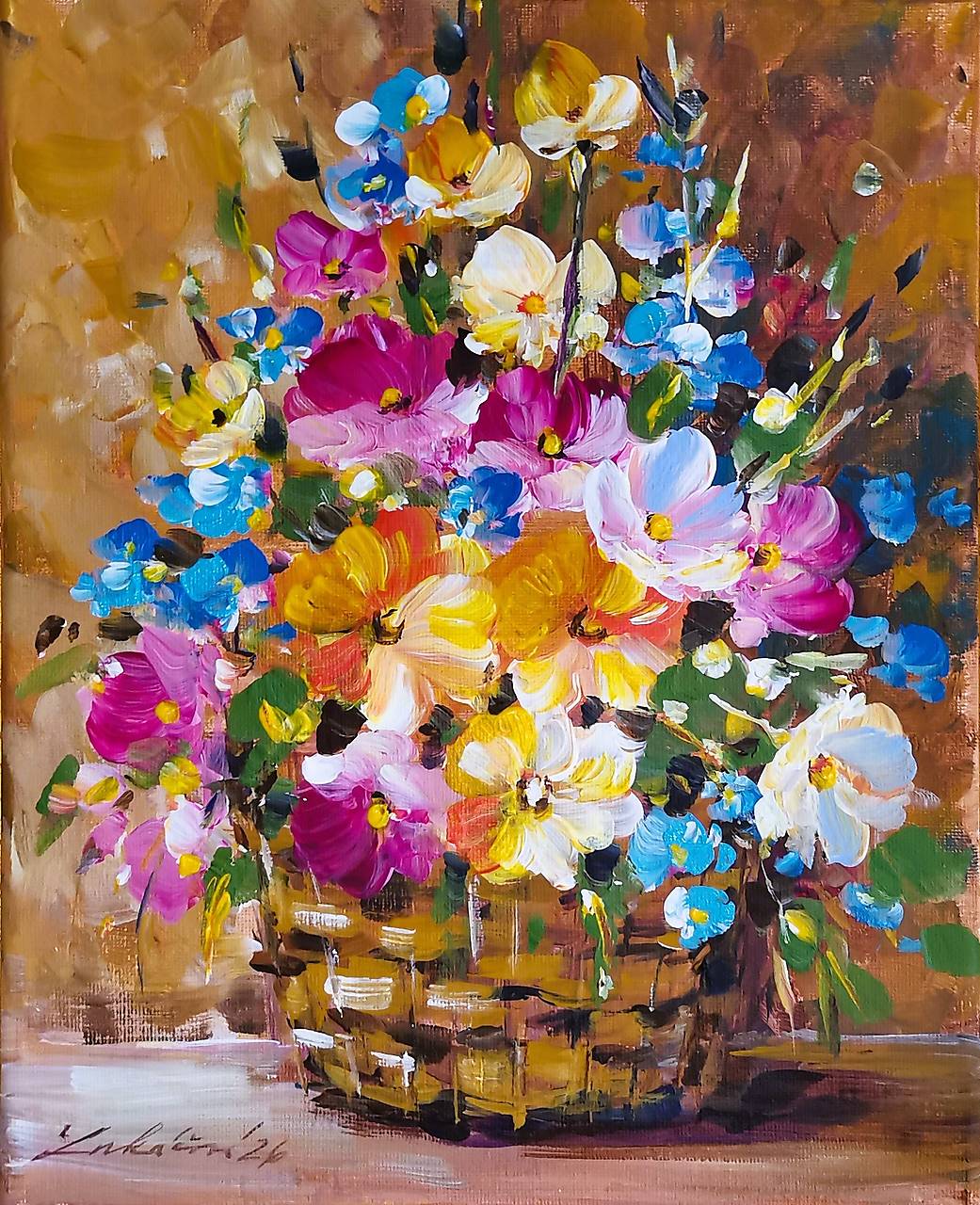 Kytica v košíku s nezábudkami