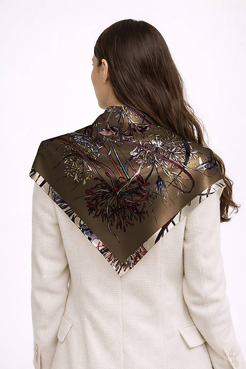 Šatky - Saténová šatka SILK FLOWER mocha - Personalizovaná // Autorský dizajn + darčekové balenie - 18143459_