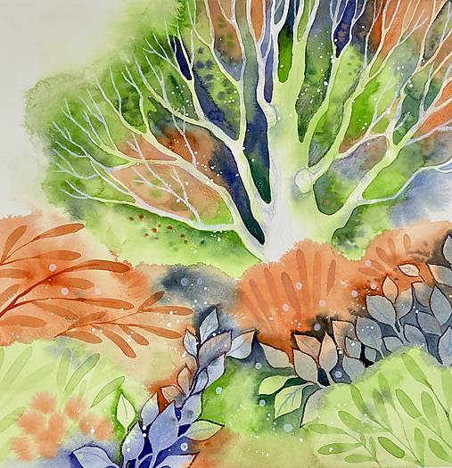 Obrazy - Originál akvarel Dub na jar - 18145700_