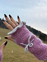 Rukavice - Handmade ručne pletené bezprstové rukavice - trblietavo ružové so sivou mašličkou - 18145488_