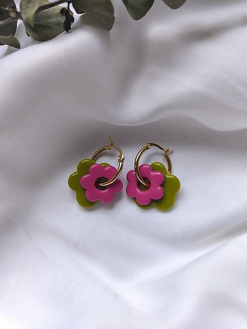 Náušnice - Ružovo-zelené kvetinkové náušnice - 18145096_
