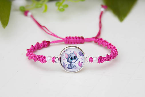 Detské doplnky - Šnúrkový náramok detský - S mačiatkom pink - 18150140_